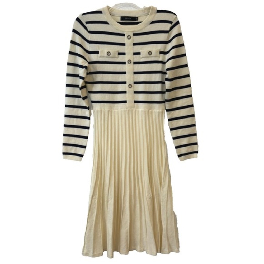 Zescia Sz Small Ivory Navy Stripe Pleated Long Sleeve Ribbed Knit Sweater Dress